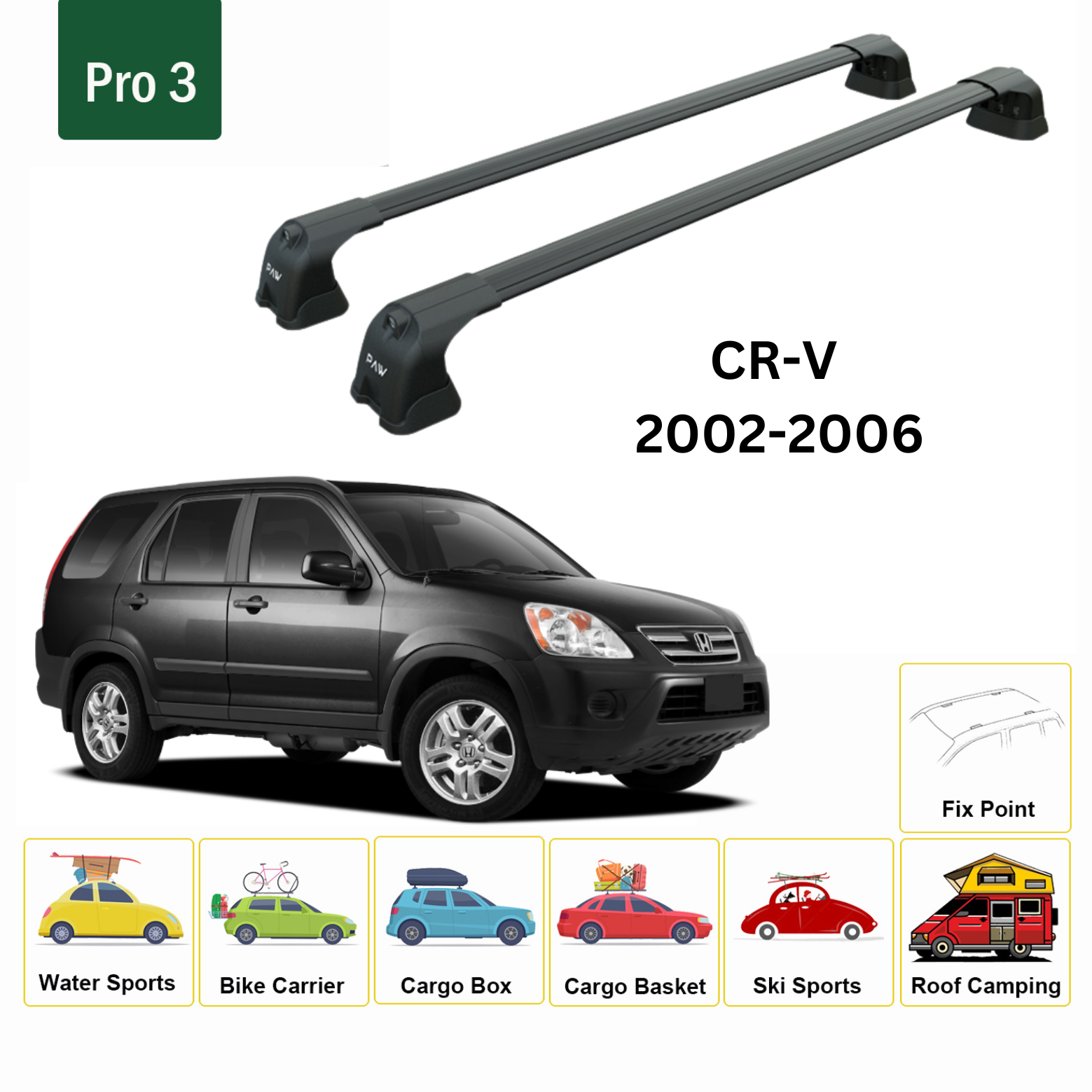 For Honda CR-V MK2 Roof Rack Cross Bars Metal Bracket Fix Point Alu Black 2002-06 For Honda CR-V MK2 Roof Rack Cross Bars Metal Bracket Fix Point Alu Black 2002-06